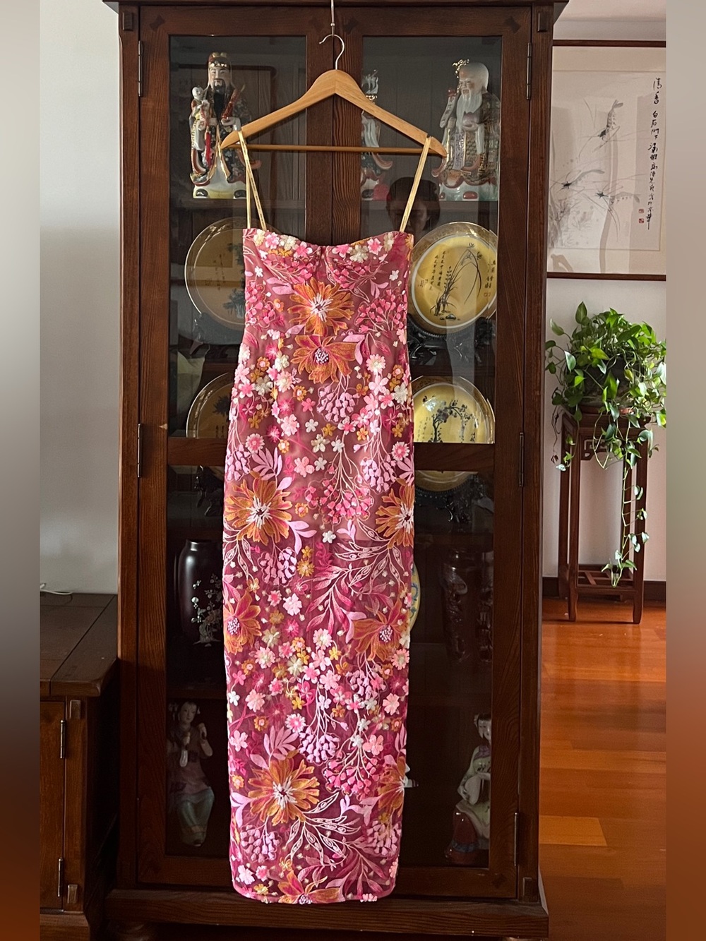 Bronx&Banco Mallorca Coral Floral Embroidered Sequin Embellished Strapless Gown